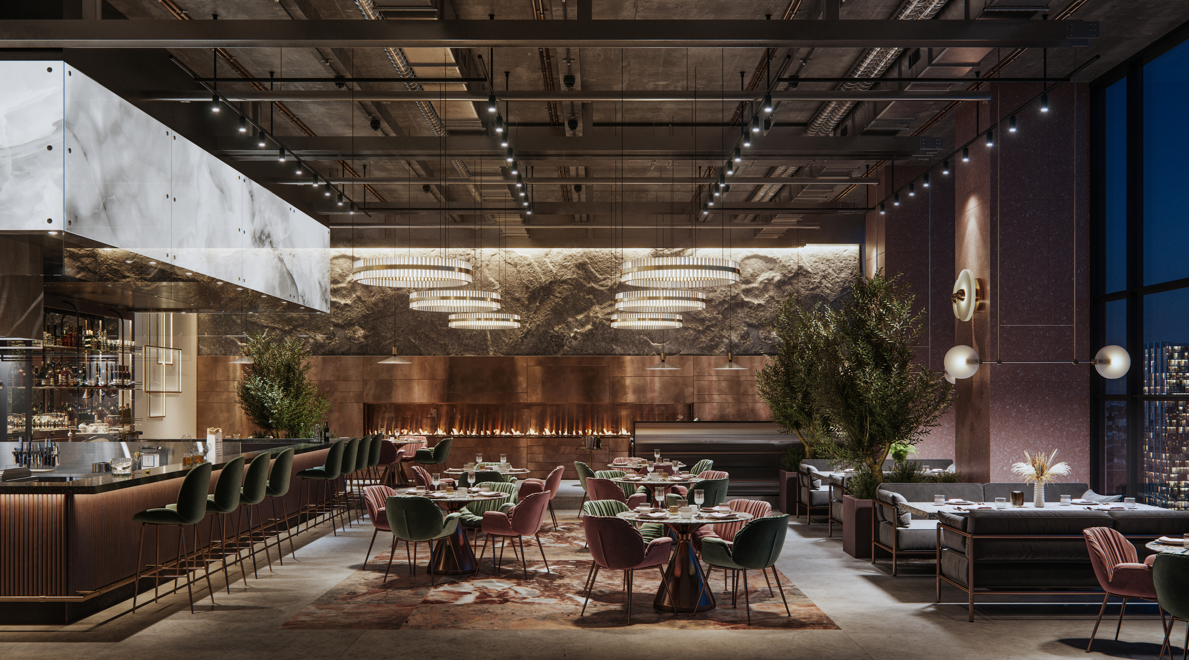 luxury restaurant interior at night with music Service 