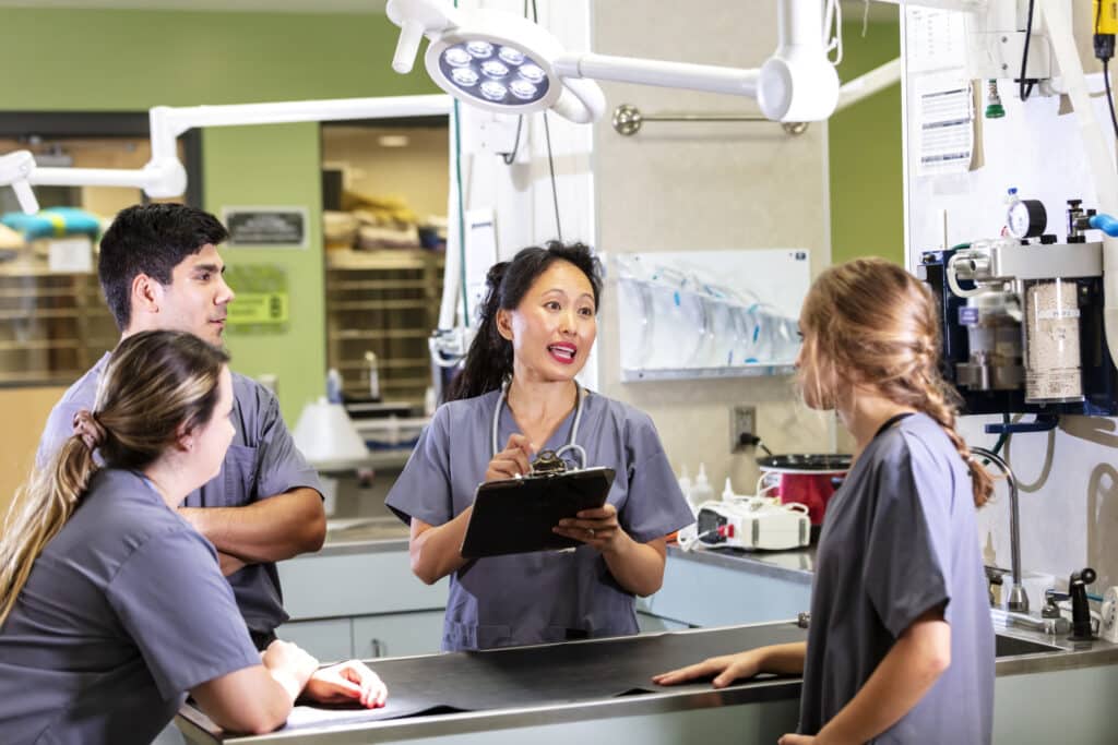 multiracial staff at animal hospital having meeting