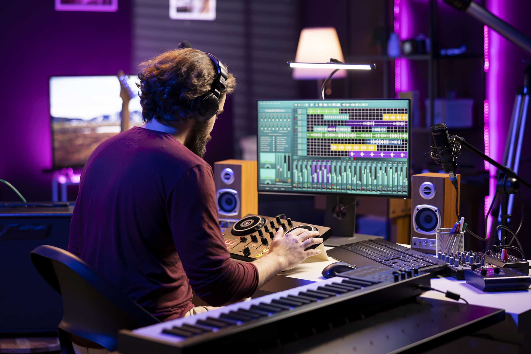 skilled producer mixing and mastering sounds on stereo console